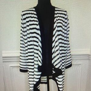 IC COLLECTION Black and White Striped Open-Front Cardigan